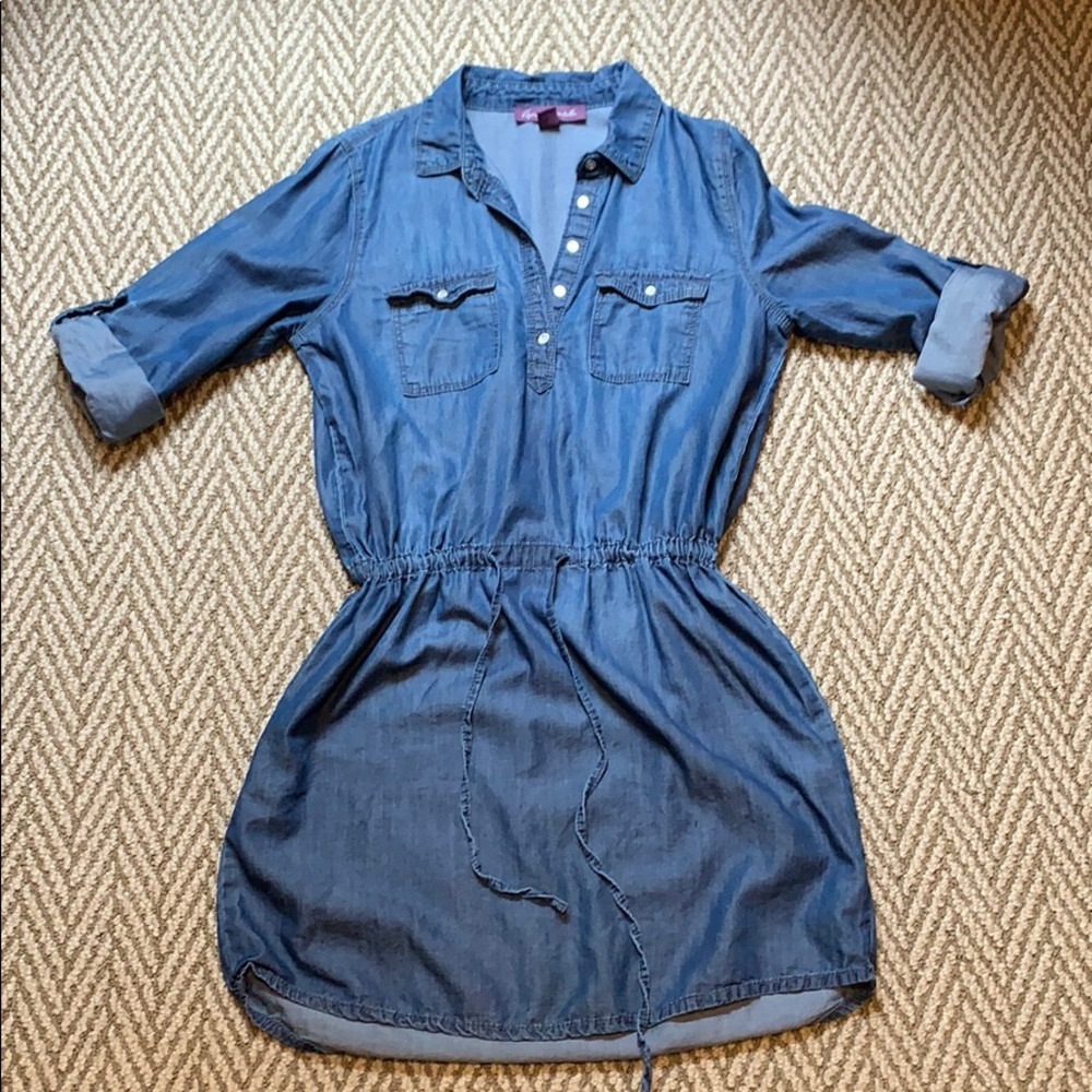 Jean look dress with cinch waist